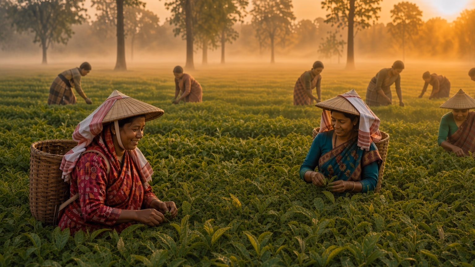 Women plucking tea by hand at sunrise in an Assam garden, where Ganesh Tea’s leaf is sourced
